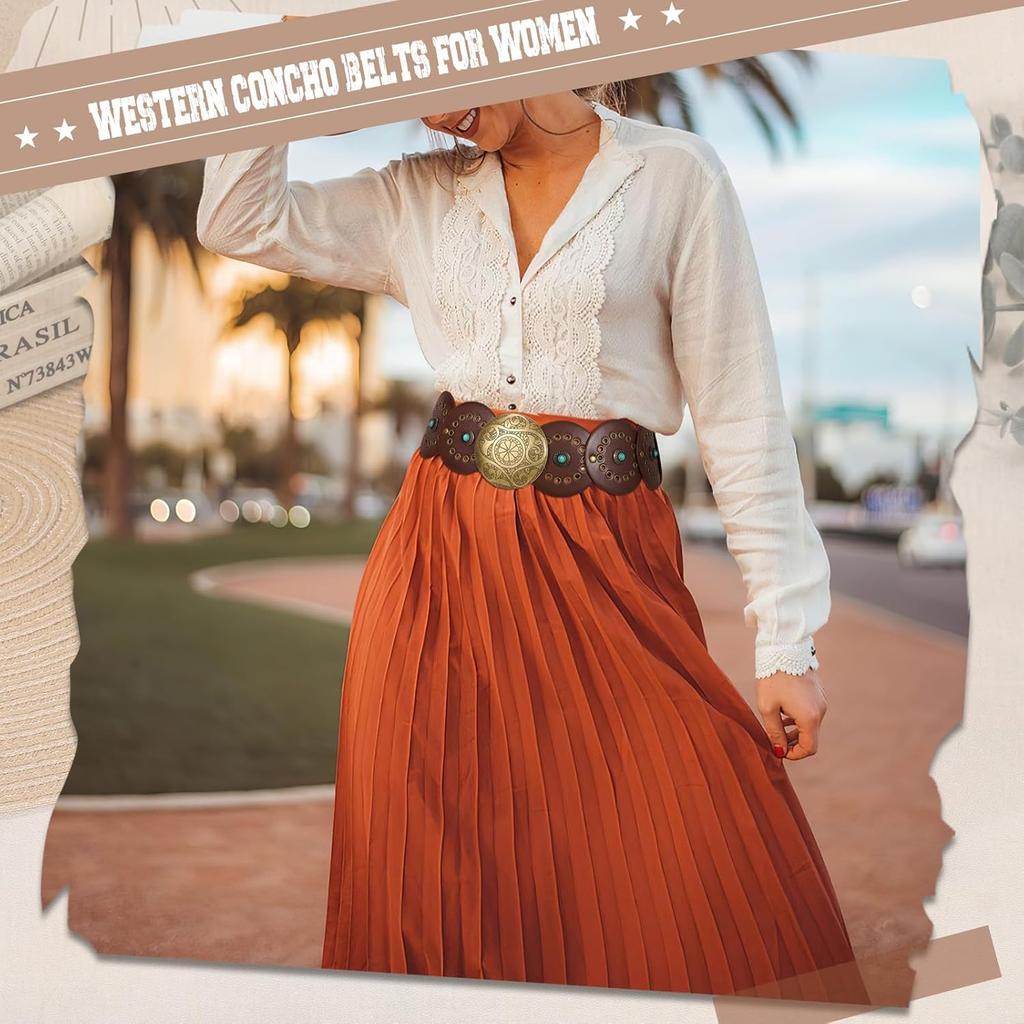 Westliche Ledergürtel für Damen Concho Cowgirl Cowboy Scheibengürtel für Damen Breiter Boho Country Taillengürtel für Kleid