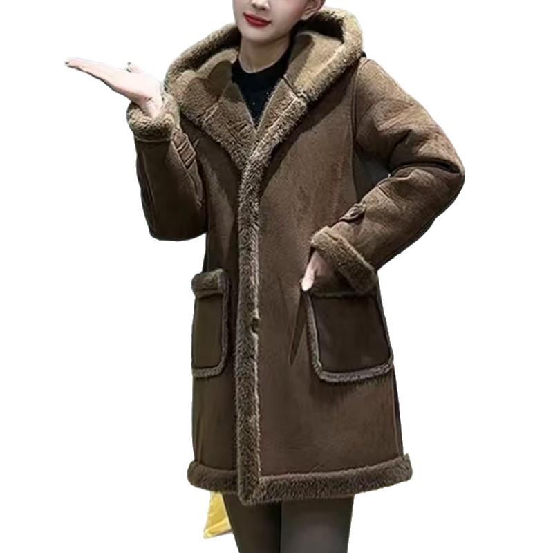 Korean Style Mid-Length Suede Fleece Women's Hooded Lambswool Winter Coat