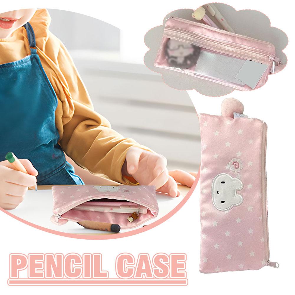 Students Cartoon Pink Pen Bag Zipper Design Star Rabbit Pattern Pencil Case Large Capacity Stationery Organizer
