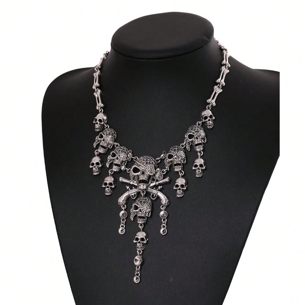 Ornements Accessoires d'Halloween Rétro Européen et Américain Exagéré Multi-couches Crâne Tête de Fantôme Pompon Collier Femme black