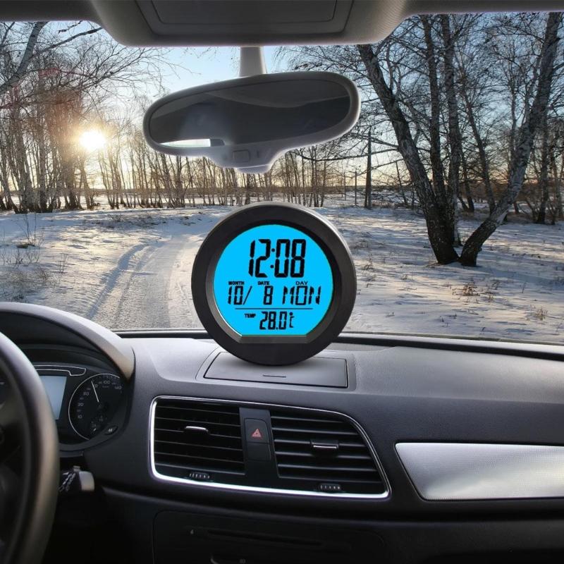Car Digital Clock Solar Powered Date Week Clock with Temperature Display Automotive Dashboard Round Clock