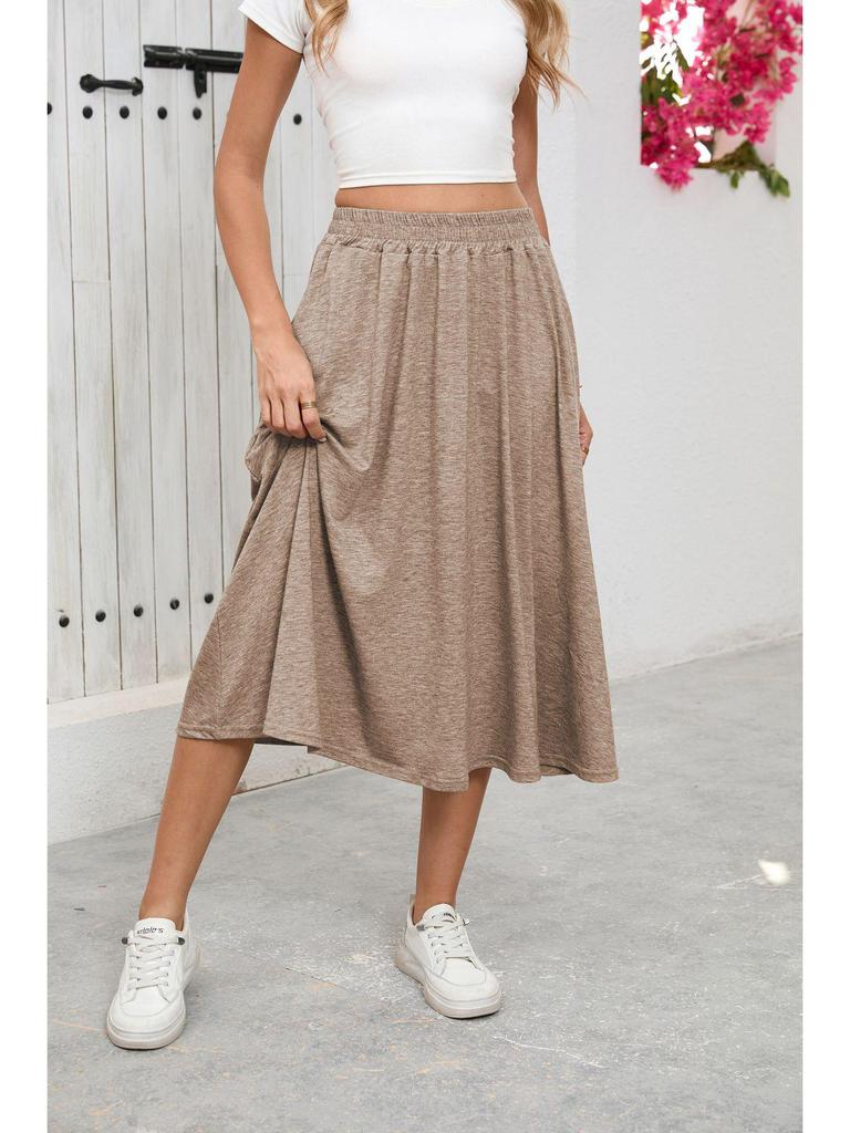 European High-Waisted Casual Midi Skirt - A-Line, Loose Fit, Draped Hem