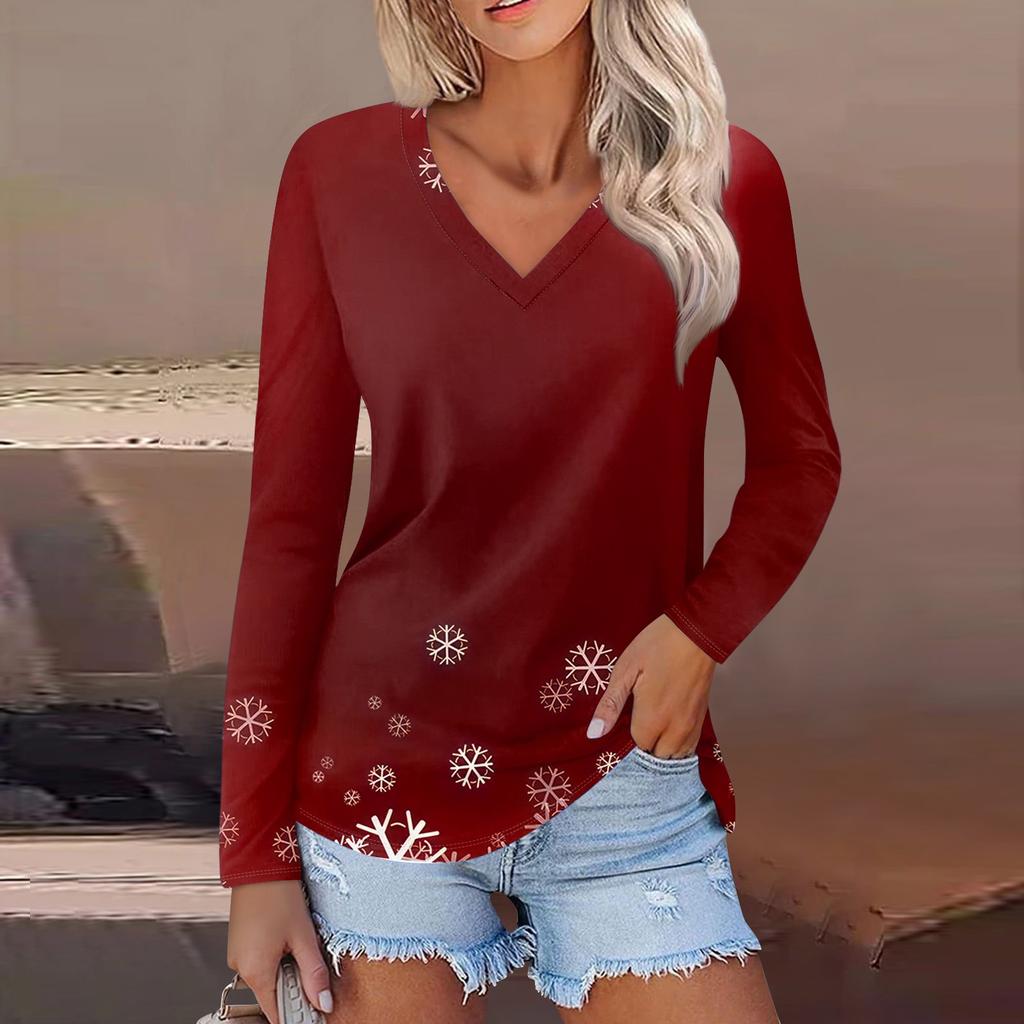 Women's Casual Fashion Sexy Comfortable Christmas Printed V-Neck Long Sleeve Top