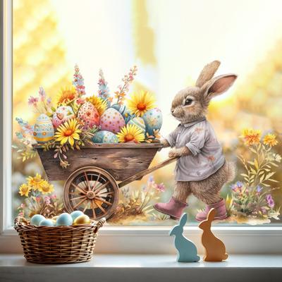 Osterfensteraufkleber Dekoration Süßer Hase schiebt Karren Fensteraufkleber Wiederverwendbare statische PVC-Aufkleber für Frühlingsparty Tür Wand Glasfenster Heimdekoration