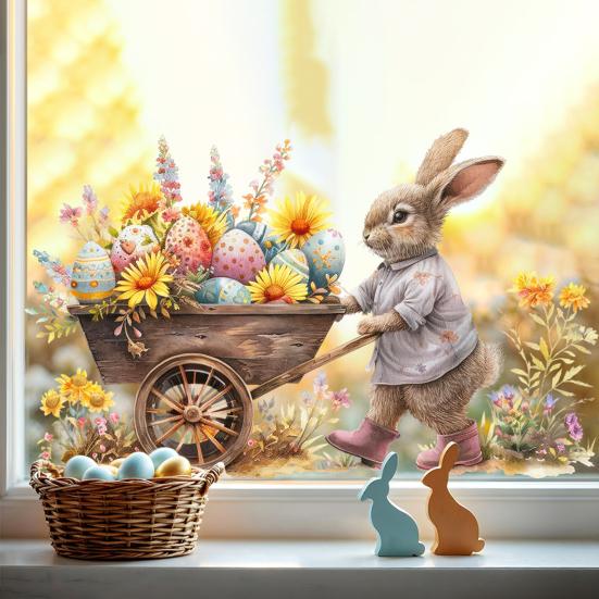 Easter Window Clings Decoration Cute Bunny Pushing Cart Window Sticker Reusable Static PVC Decals for Spring Party Door Wall Glass Window Home Decor