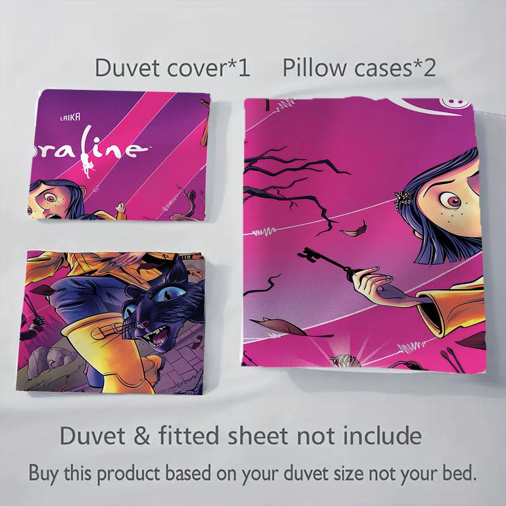 1PC Coraline Pattern Bedding Quilt Set Quilt Cover Pillowcase Home Decoration Birthday Gift (1 * Duvet Cover + 2 * Pillowcase, Without Core)