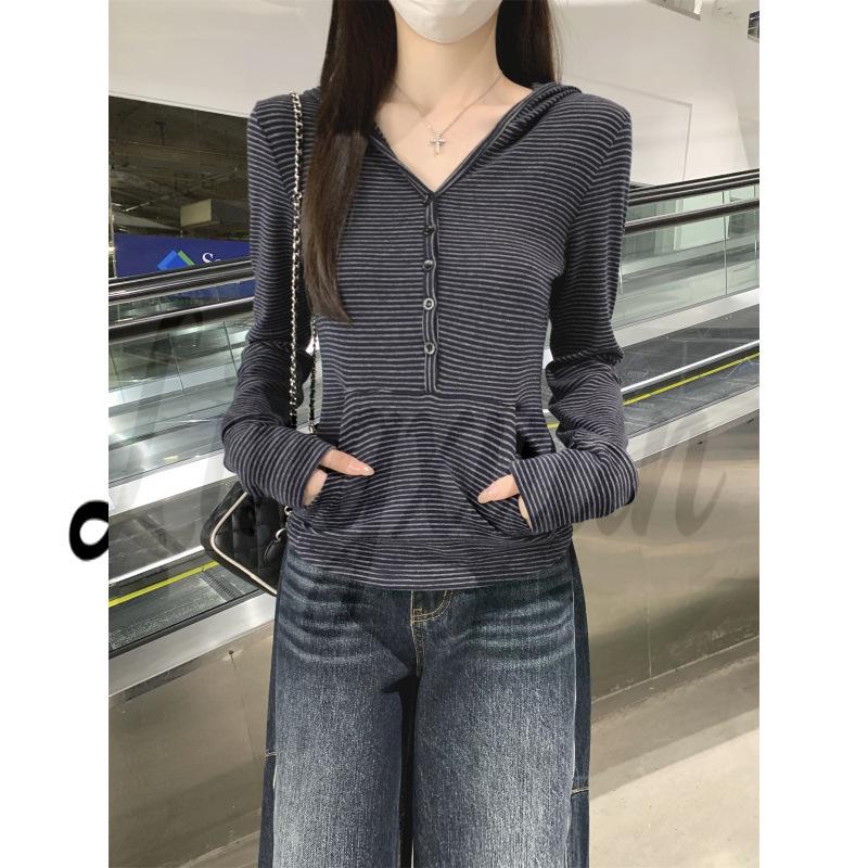 Spring Korean Style Color Block Striped Slim Fit Hooded Cashmere Long Sleeve Top XL