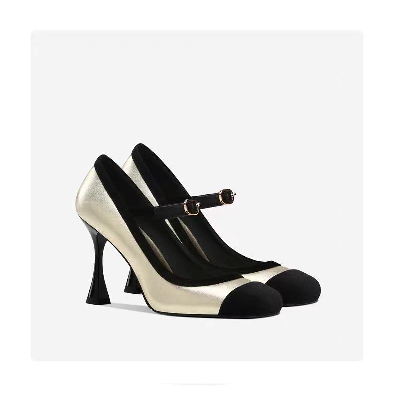 Mary Jane female 2025 spring and autumn new square head word with splicing thin heel small fragrant wind shallow mouth high heels single shoes