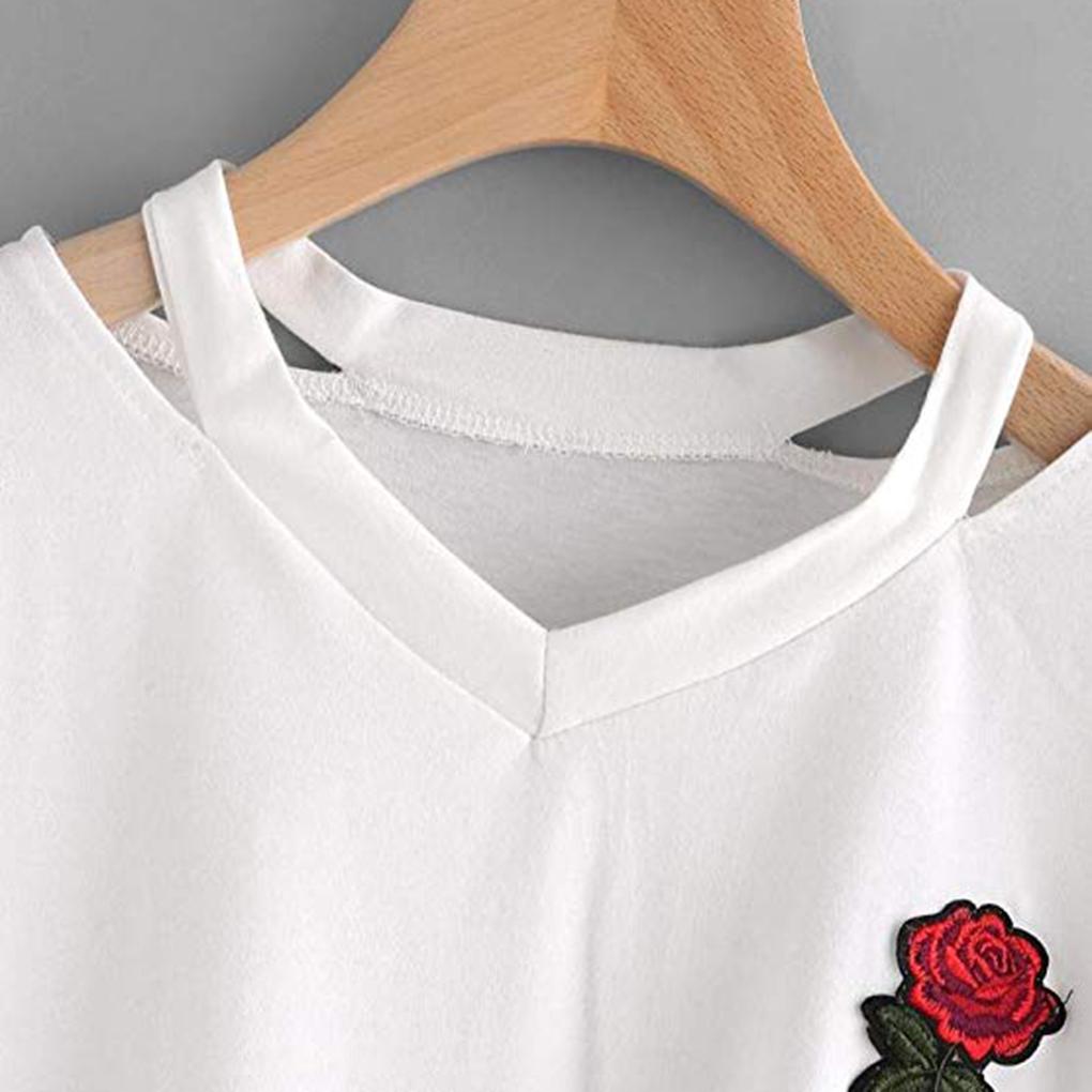 Women V\-neck Embroidered Rose Short T\-Shirt Ladies Top Girls