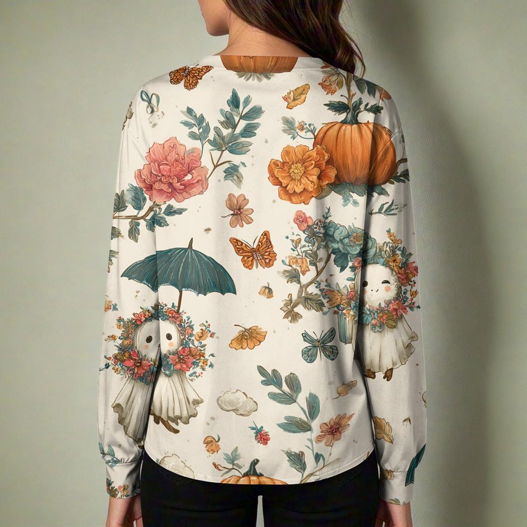 Women's Casual Long Sleeve Single-Breasted Halloween Print Cardigan Top for Fall