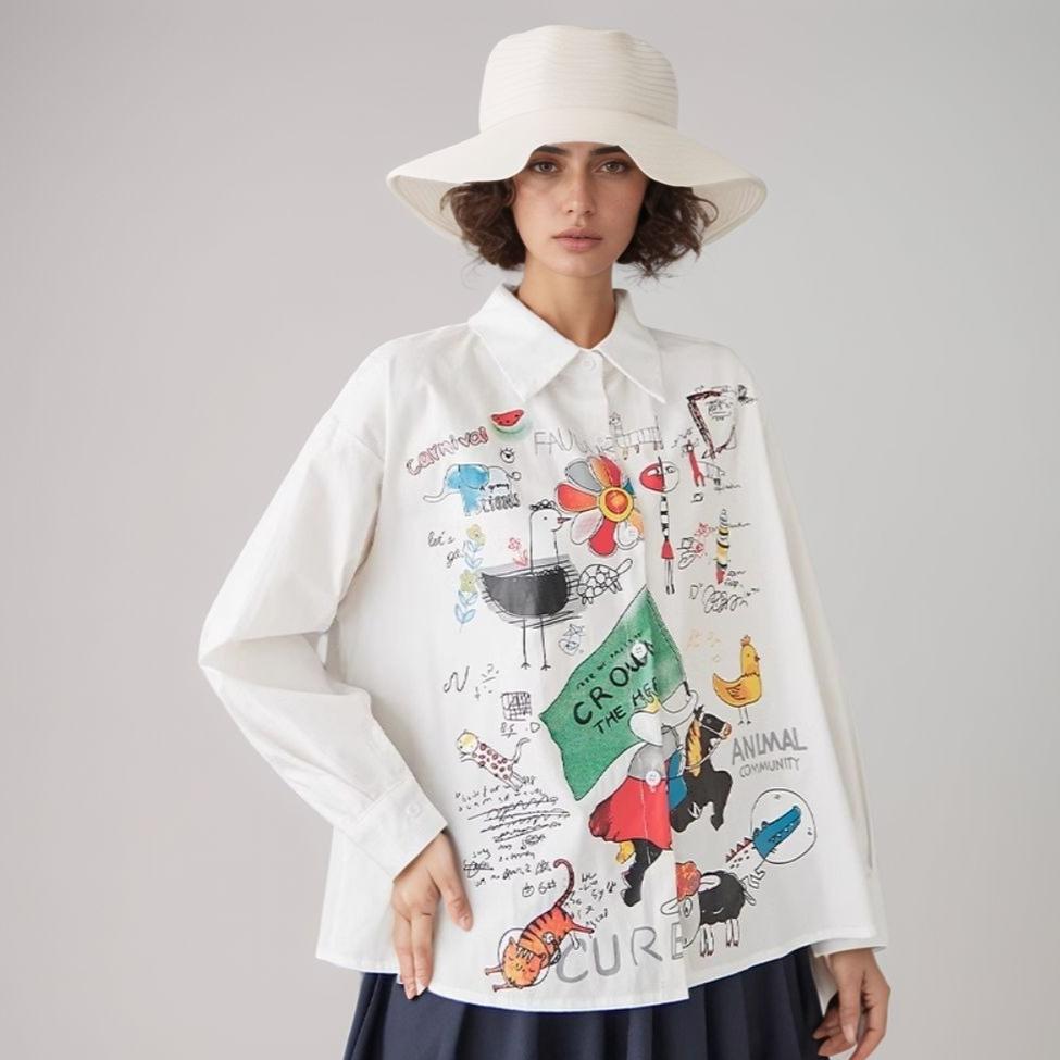 

DIMANAF 2025 Plus Size New Spring Style Блузка с винтажным дизайном, с длинным рукавом, цветной принт, повседневная рубашка, женская свободная рубашка с принтом One Size белый