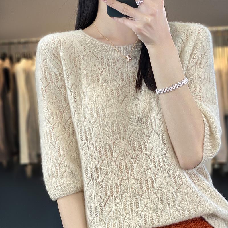 Hollow Thin Knitted Base Spring and Summer New Loose Embroidered Fashionable Versatile Round Neck Five-point Sleeve Top