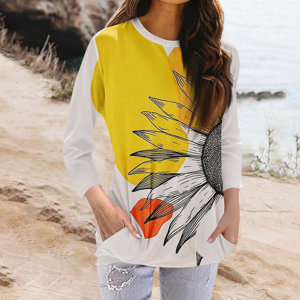 Damenmode Lässiges T-Shirt mit Rundhalsausschnitt, 3/4-Ärmeln und Tasche