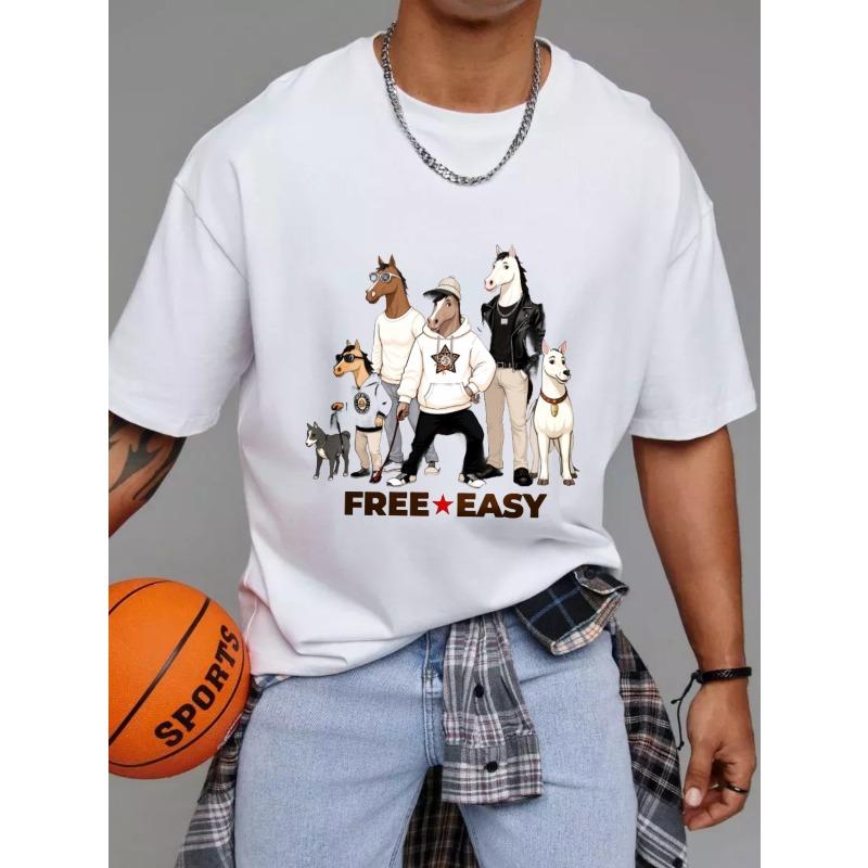 Cotton T Shirt White Horse and Dog Cartoon Print Free Easy Text Casual Wear for Men