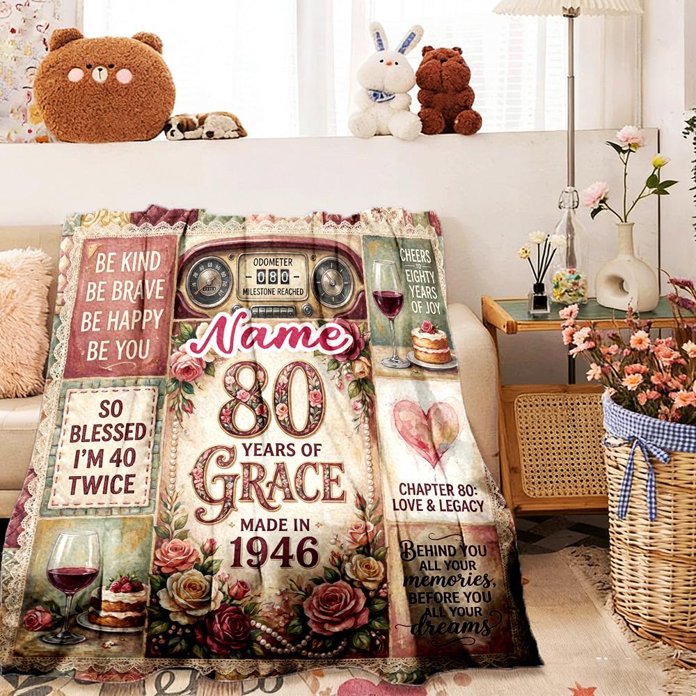 Customize Your Name Home Blanketss 80Th Birthday Celebration Floral Design Comfortable Soft Lightweight Blanket For All Seasons Suitable For Picnics