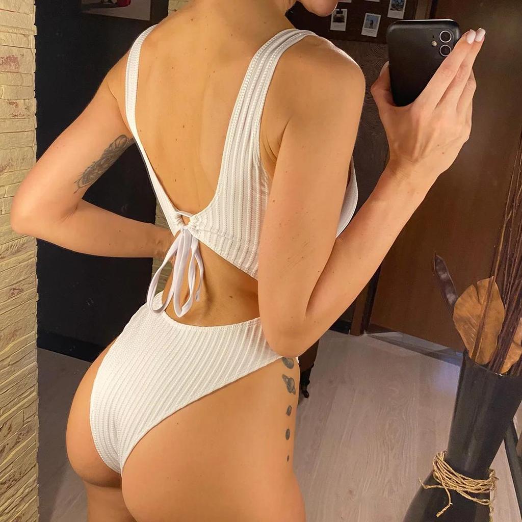S - XL Costume da Bagno Intero Sexy a Coste con Cut-Out Senza Schiena Costine Spalline Sottili Taglio Alto Donna