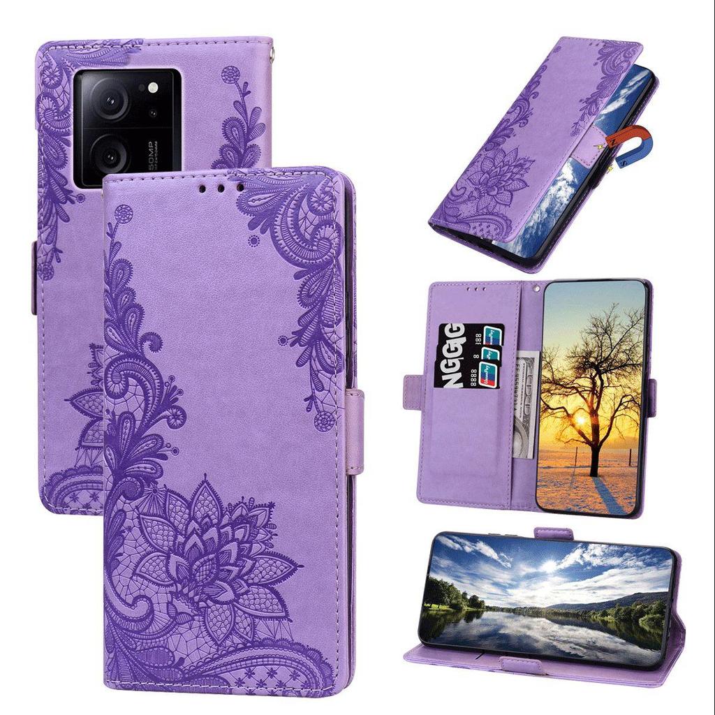 Lace Floral Print PU Leather Flip Wallet Phone Case for Xiaomi 13T Pro,13T Cover