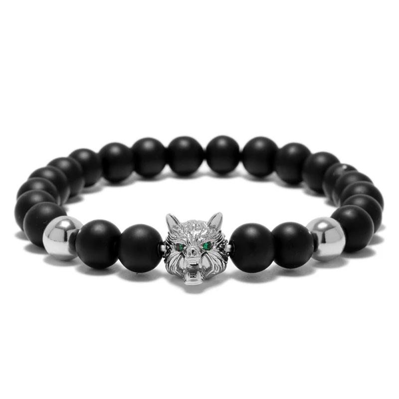 New Pirate Skull Bracelet Men 8mm Black Onyx Beaded Braslet Gothic Wolf Animal Braclet Male Accessories Gift For Boyfriend Joias
