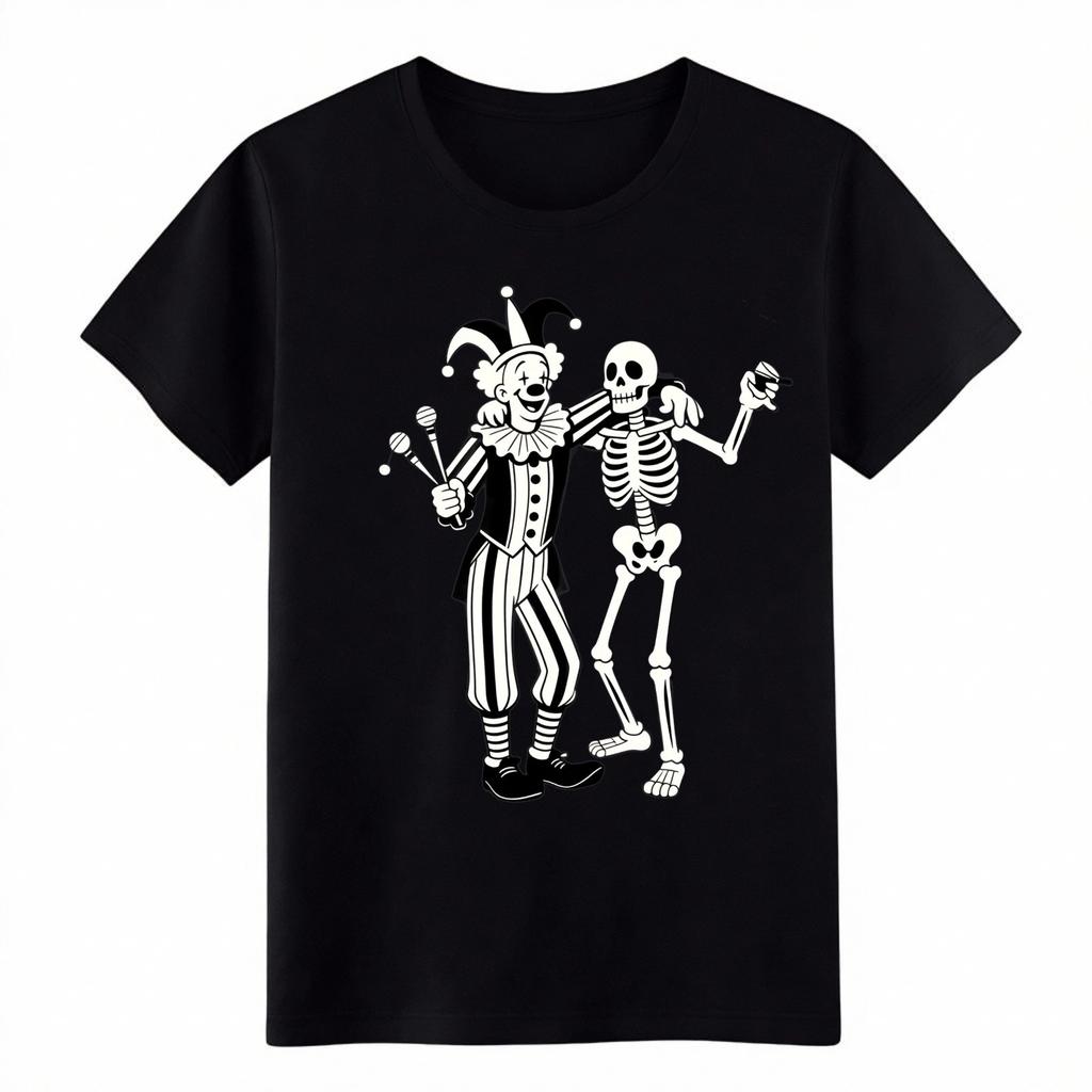 Vintage Clown & Skelett tanzendes T-Shirt, Retro Gruselig Süßes Grafik-T-Shirt