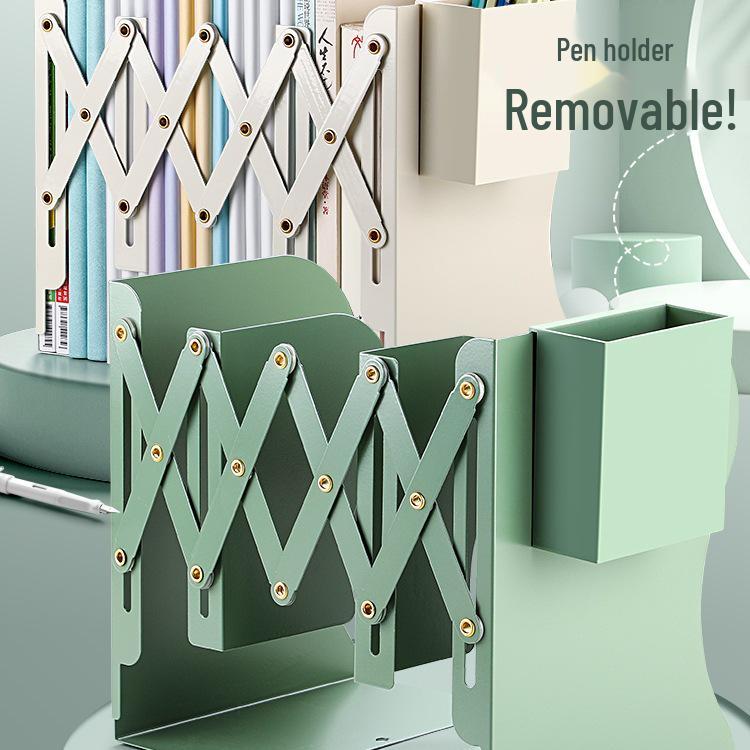 Retractable Desktop Bookend with Pen Holder and Integrated Book Storage Clip  