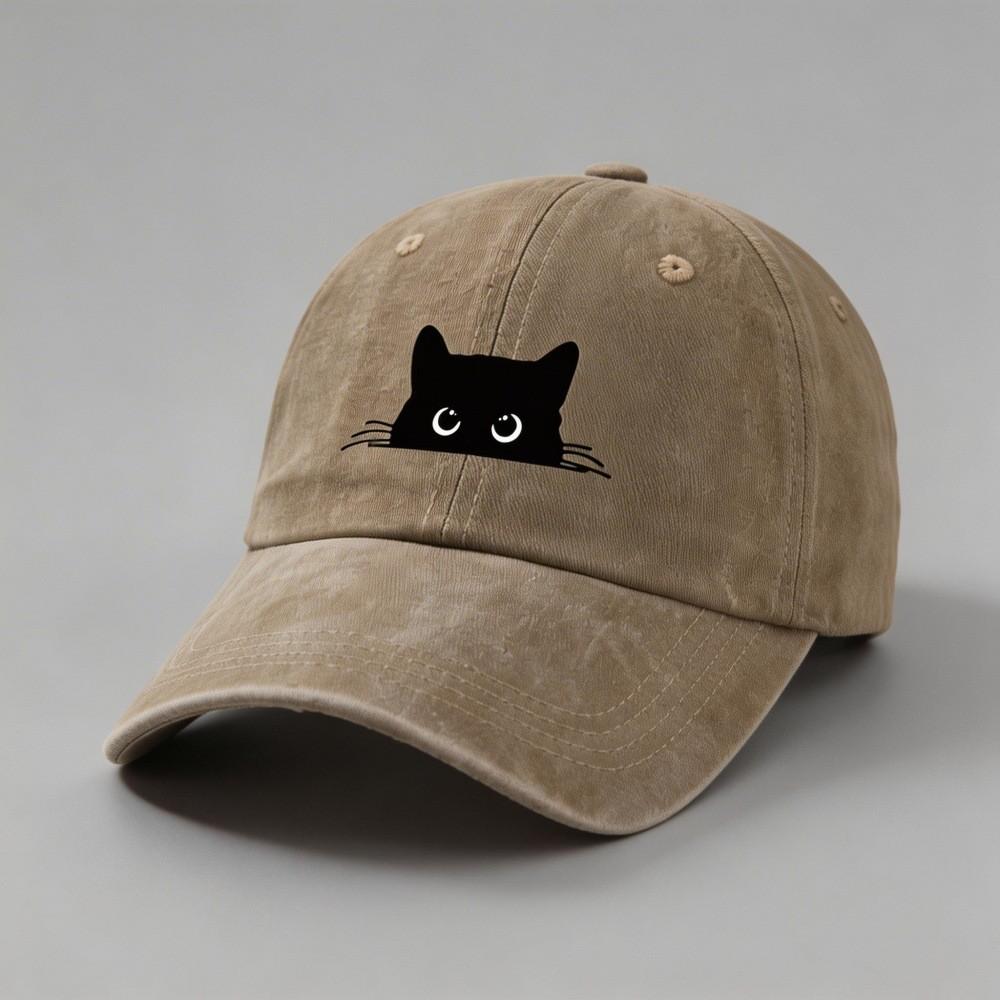 Small Black Cat Print Cotton Baseball Cap With Sun Protection For Casual Outdoor Activities