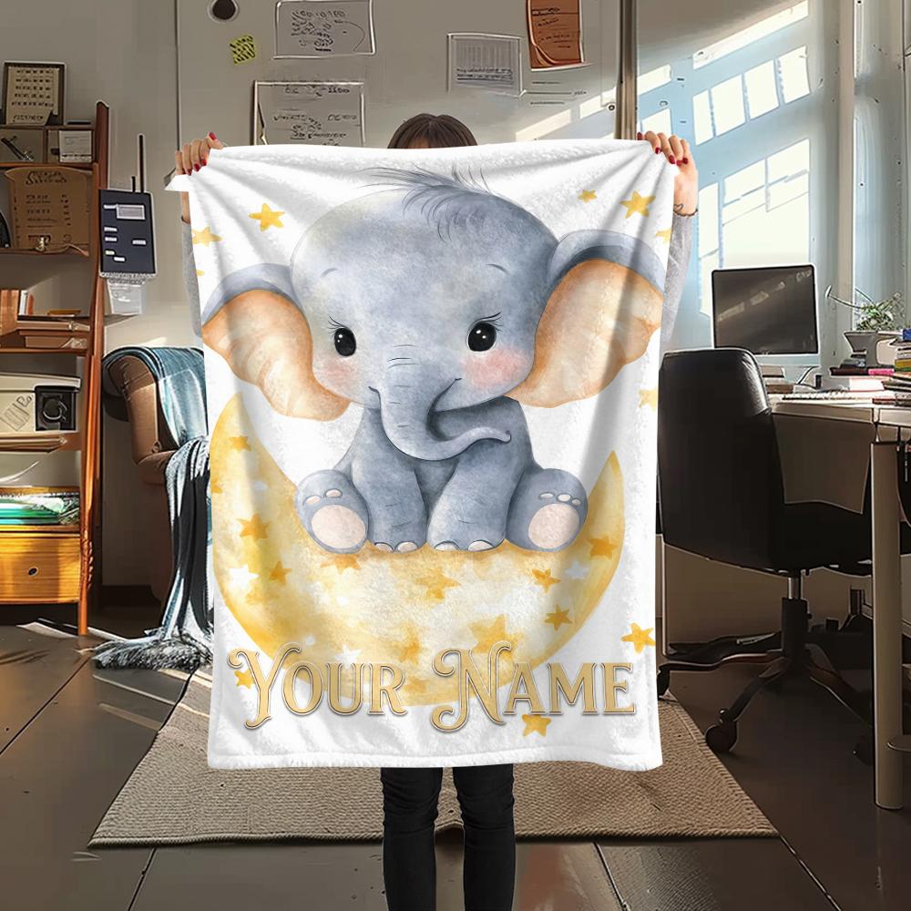 1PC Custom Name Moonlit Elephant Dreams Patterned Flannel Blanket Suitable For All Seasons for Home Decor Warmth and Comfort Gifts Holiday Present_lx