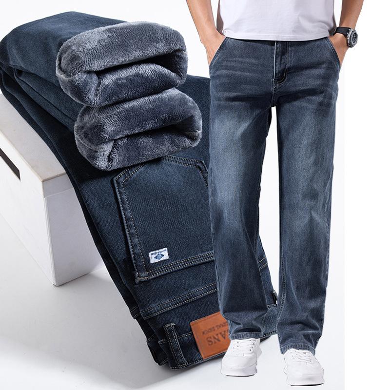 Herren Winter Warm Fleecegefüttert Dick Dehnbar Business Casual Jeans Leichte Hosen Bürokleidung