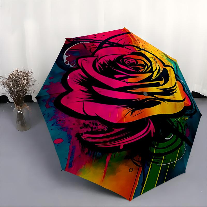 1pc Rose Graffiti Automatic Open/close Umbrella, 8-Rib sturdy structure, Auto Folding/Opening, Portable Travel Umbrella for Women138