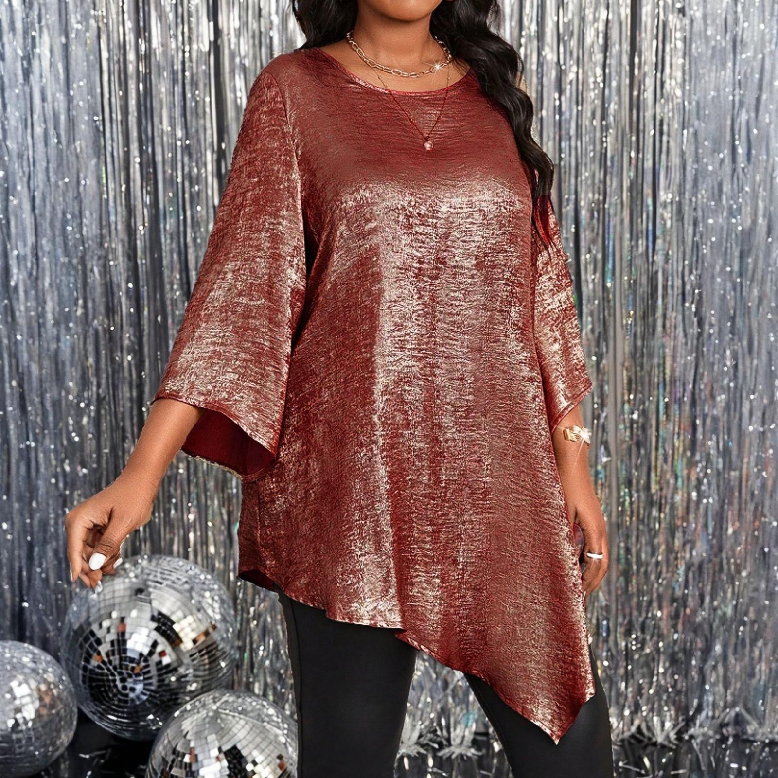 

Модная женская блузка большого размера свободного кроя с круглым вырезом, рукавами до середины предплечья и асимметричным подолом XL красный