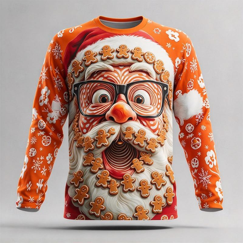 Ugly Christmas Men Long Sleeve T-shirts Santa Claus Cotton Comfortable Casual Tops Winter Xmas Party Outfit Holiday Gift For Men