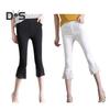 Women Cropped Pants Solid Color High Elastic Summer Flared Pants Lace Stitching Trim Tight Leggings with Pockets
