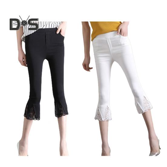 Dámské zkrácené kalhoty, jednobarevné, vysoce elastické, letní, rozšířené kalhoty, krajkové prošívání, těsné legíny s kapsami