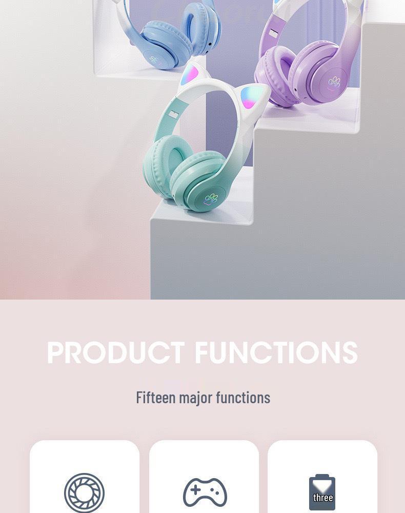 Popular Gradient Cat Ear Bluetooth Headphones, Cute & Trendy, with Long Battery Life for Wireless Sports & Gaming.
