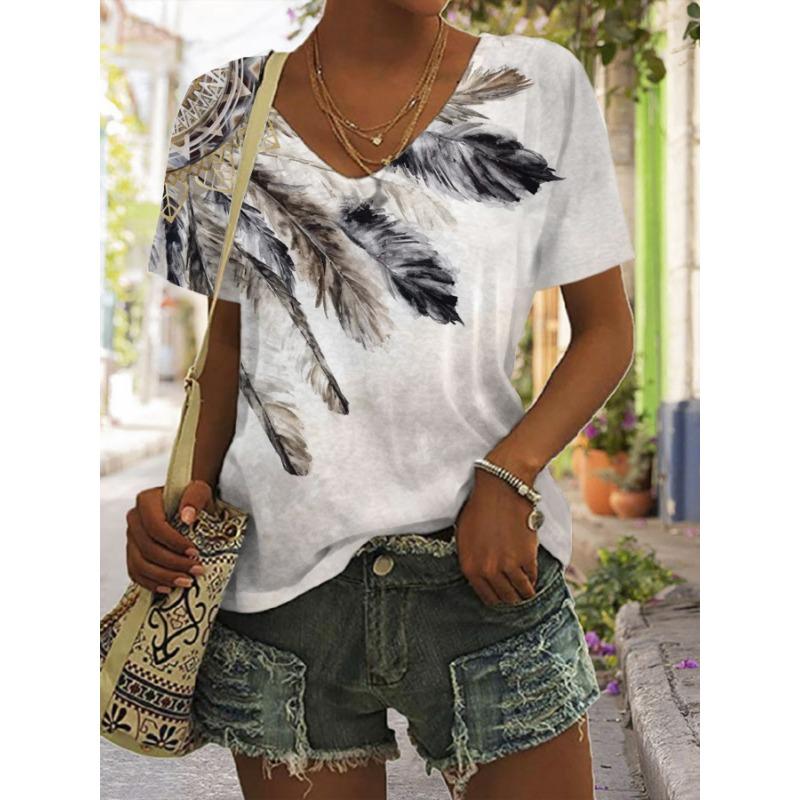 Women s ethnic casual fashion feather print V-neck short-sleeved T-shirt L