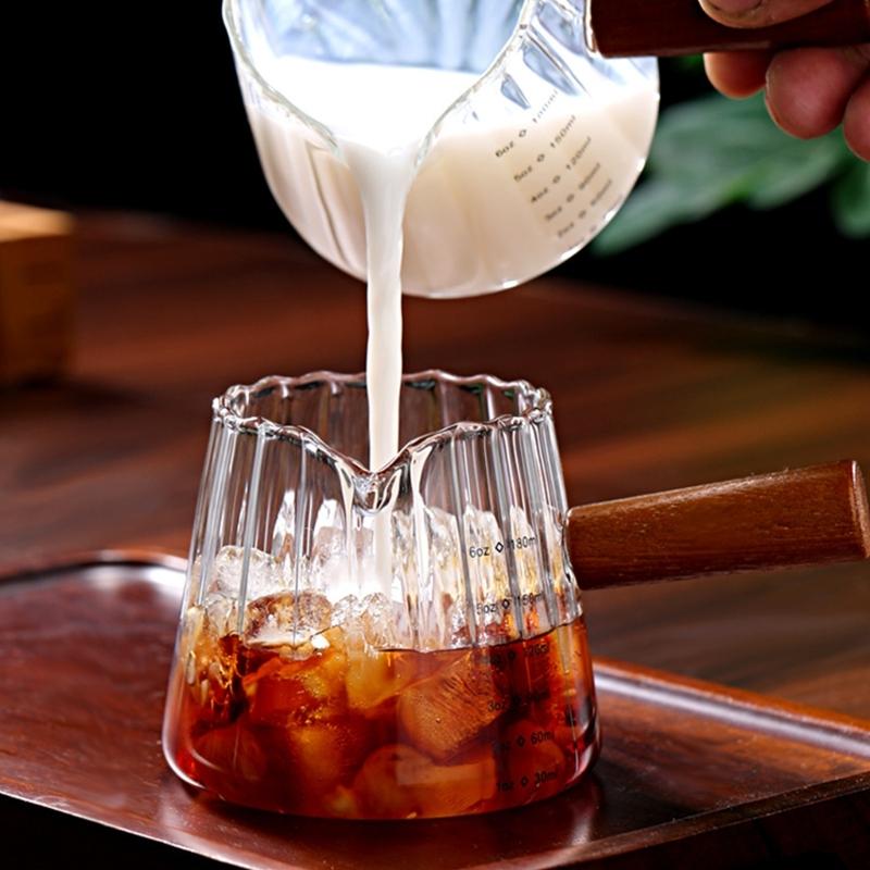 Glass Milk Frothing Cup 180Ml with Wooden Handle Double Measurement Lines and Pour Spout Espresso Shot Glass for Coffee Station Kitchen Tasks