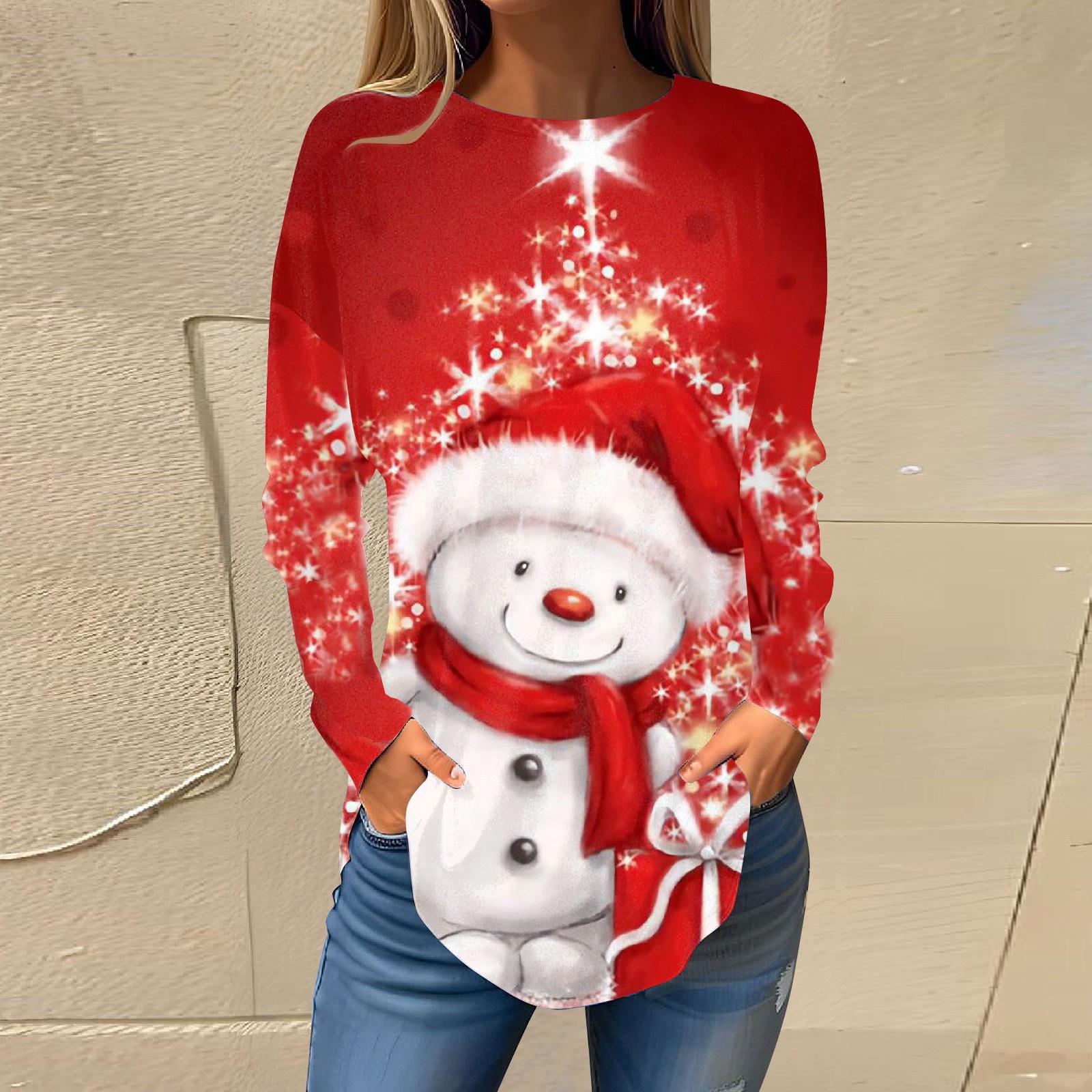 

Футболки для женщин, осенние повседневные рубашки с длинными рукавами, толстовка с ретро-принтом, топ для рождественской вечеринки, пуловер M красный