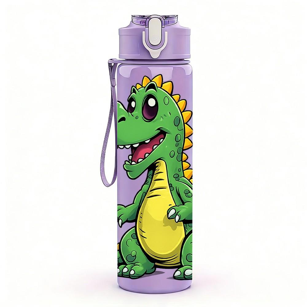 1PC Cute Green Dinosaur Cartoon Print 750ml Color Plastic Sports Water Bottle Leakproof Flip Straw Lid Suitable for Sports Office Home Use