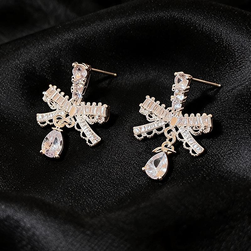 Elegant Zircon Bow Water Drop Stud Earrings - Light Luxury Niche Design for Women