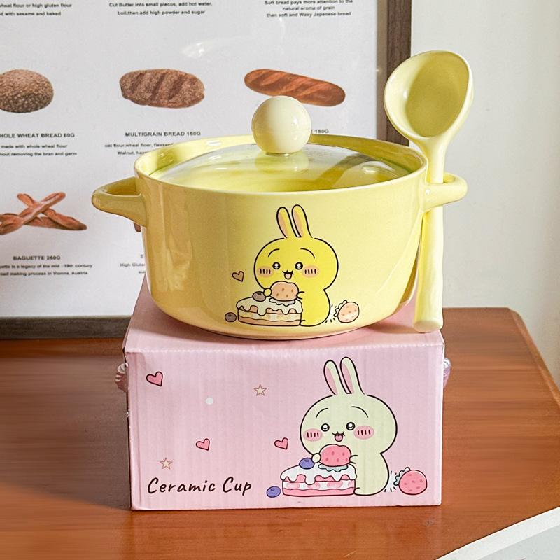 High-value Cute Tableware Ceramic Instant Noodle Bowl with Lid Children's Rice Bowl Student Dormitory Instant Noodle Bowl Binaural Soup Bowl