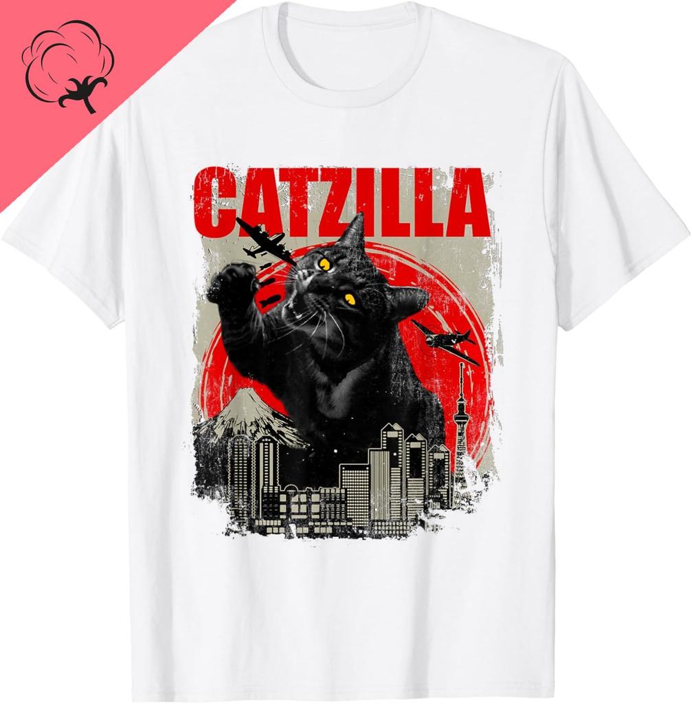 Catzilla Camiseta Casual Funny Cat Lover Kitten Kitty Short Sleeve TShirt Pet Lover Tee Cotton Shirt