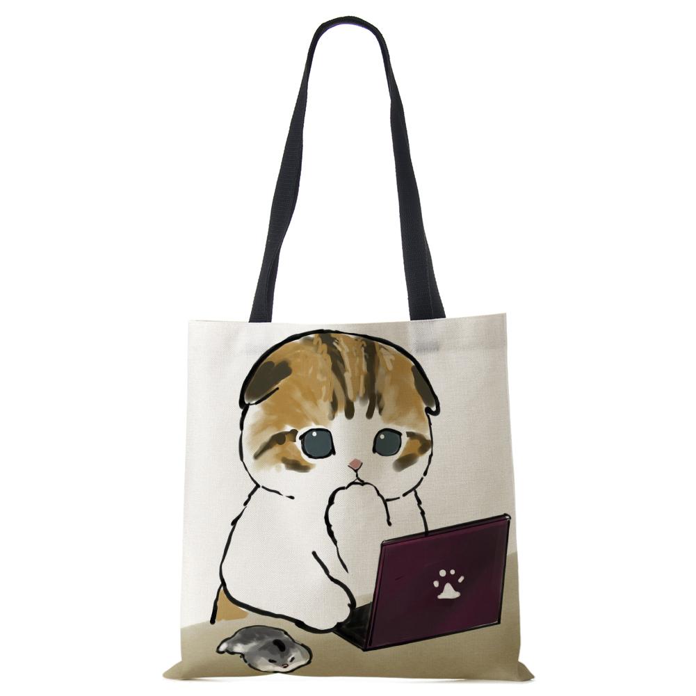 Cat Cartoon Canvas Shoulder Bag Women Print Harajuku Casual Shopping Tote Bag Reusable Large Capacity Folding Handbag CLE