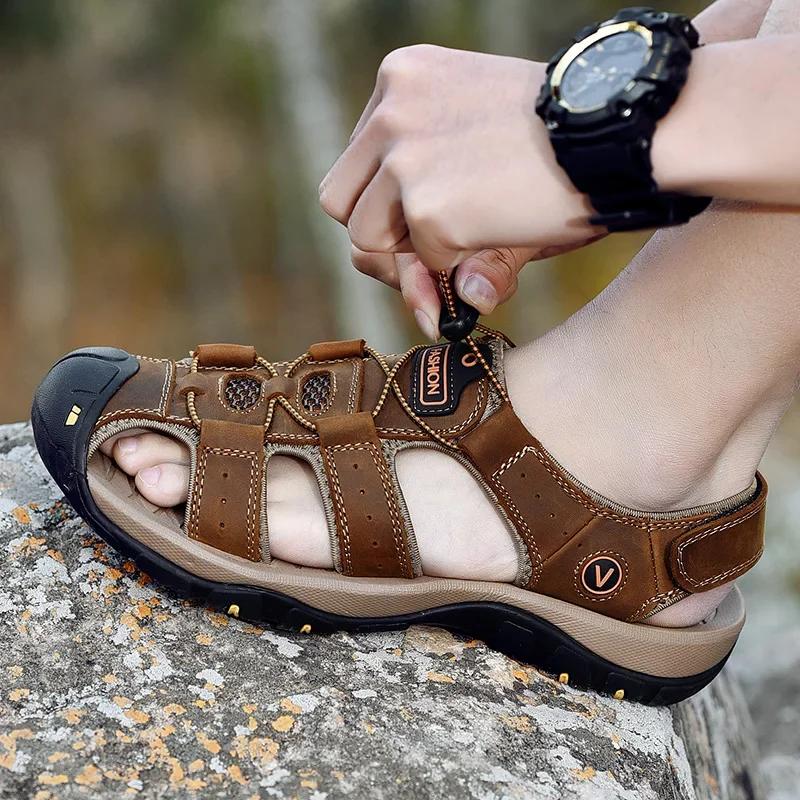 Summer Men Sandals Genuine Leather Men Casual Shoes Outdoor Men Leather Sandals for Men Beach Shoes Roman Shoes Plus Size 38-48