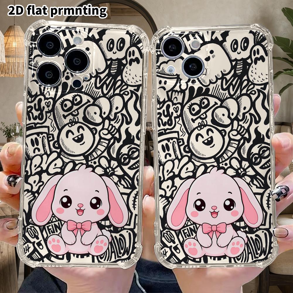 Phone Case: 2D Flat Suitable for iPhone 18 17 16 15 14 13 Pro, Transparent Four Corner Protective Case, Pink Drooping Eared Rabbit, Christmas and Hall