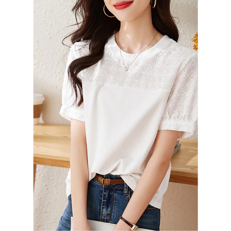 

W3T Embroidered Cotton Patchwork Korean Style Women s T-shirt - 2025 Summer Collection, Solid Color, Fashionable & Versatile. S білий