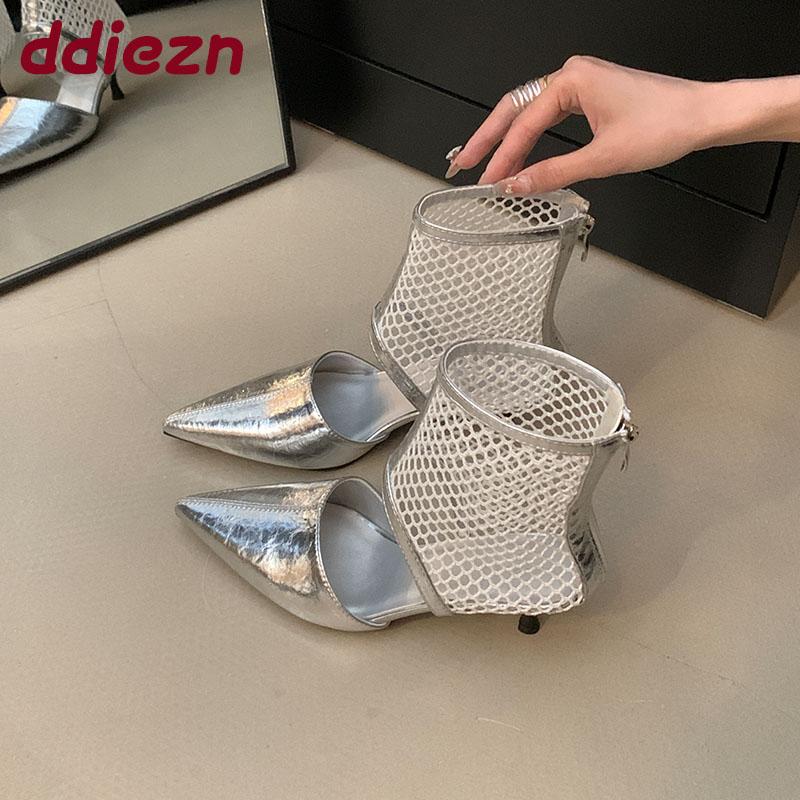 Fashion Female Low Heel Footwear Women Ankle Sandals Boots Shoes Zippers Fashion Pointed Toe Modern Ladies Sandals Booties Heeled Shoes