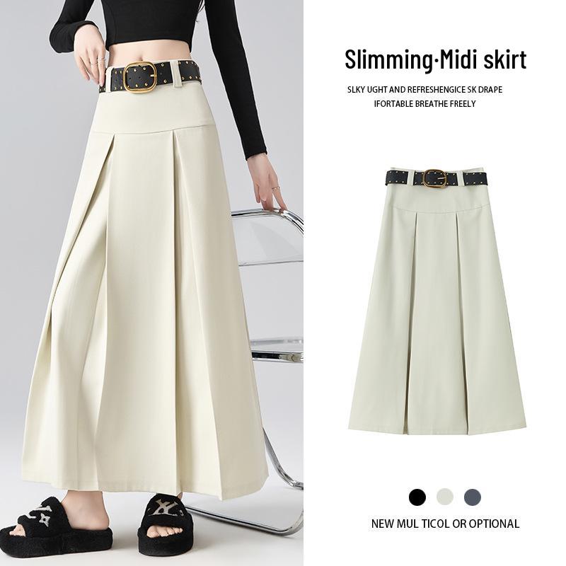 2026 Spring Women's High-Waisted Pleated A-Line Skirt with Belt - Drapey and Slimming