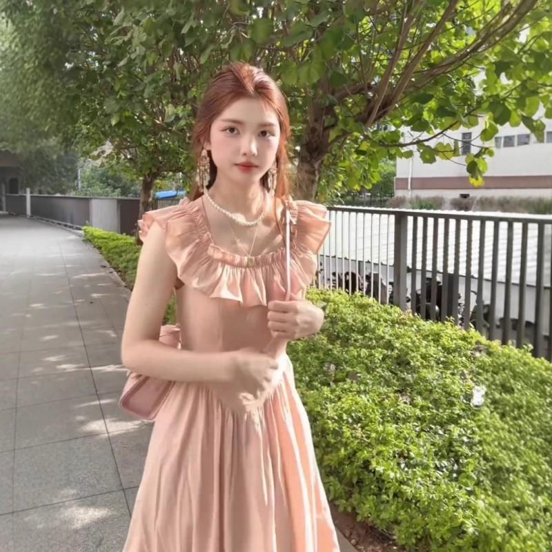 Pink A-Line Chiffon Dress With Square Neck Ruffle Cap Sleeves High Waist 2025 Womens Elegant Long