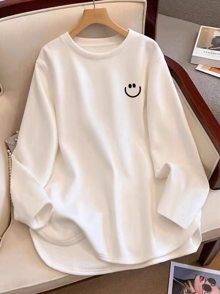 

Женская футболка с длинным рукавом и закругленным подолом средней длины для весны, осени и зимы — свободный, облегающий фасон XXL