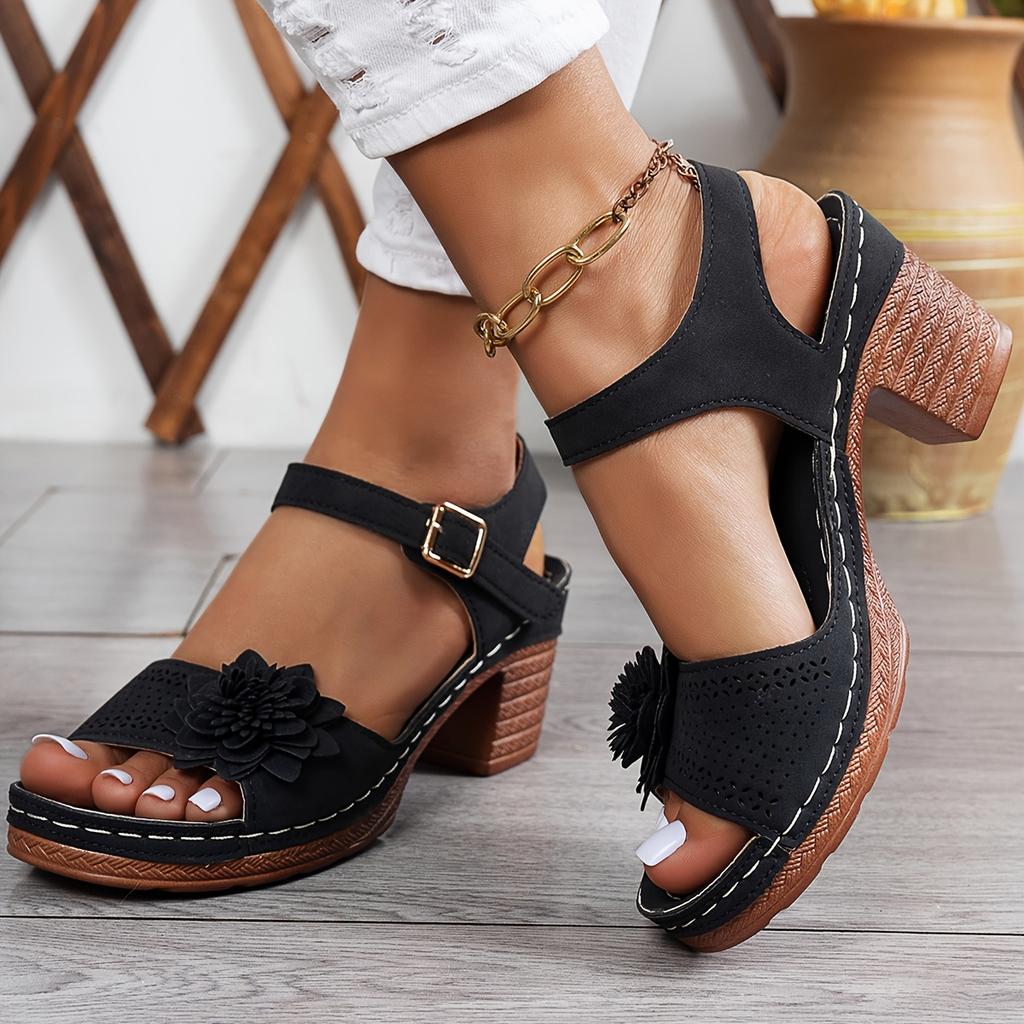 Women's Wedge Sandals - Floral Decor Cross Strap Thick Heel Shoes, Round Toe Comfortable Walking Sandals for Ladies