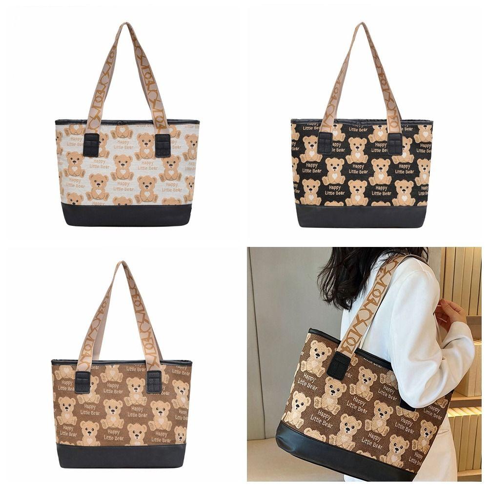 

Pu Leather Bear Canvas Bag Large Capacity Cartoon Handbag Simple Print Tote Bag Travel